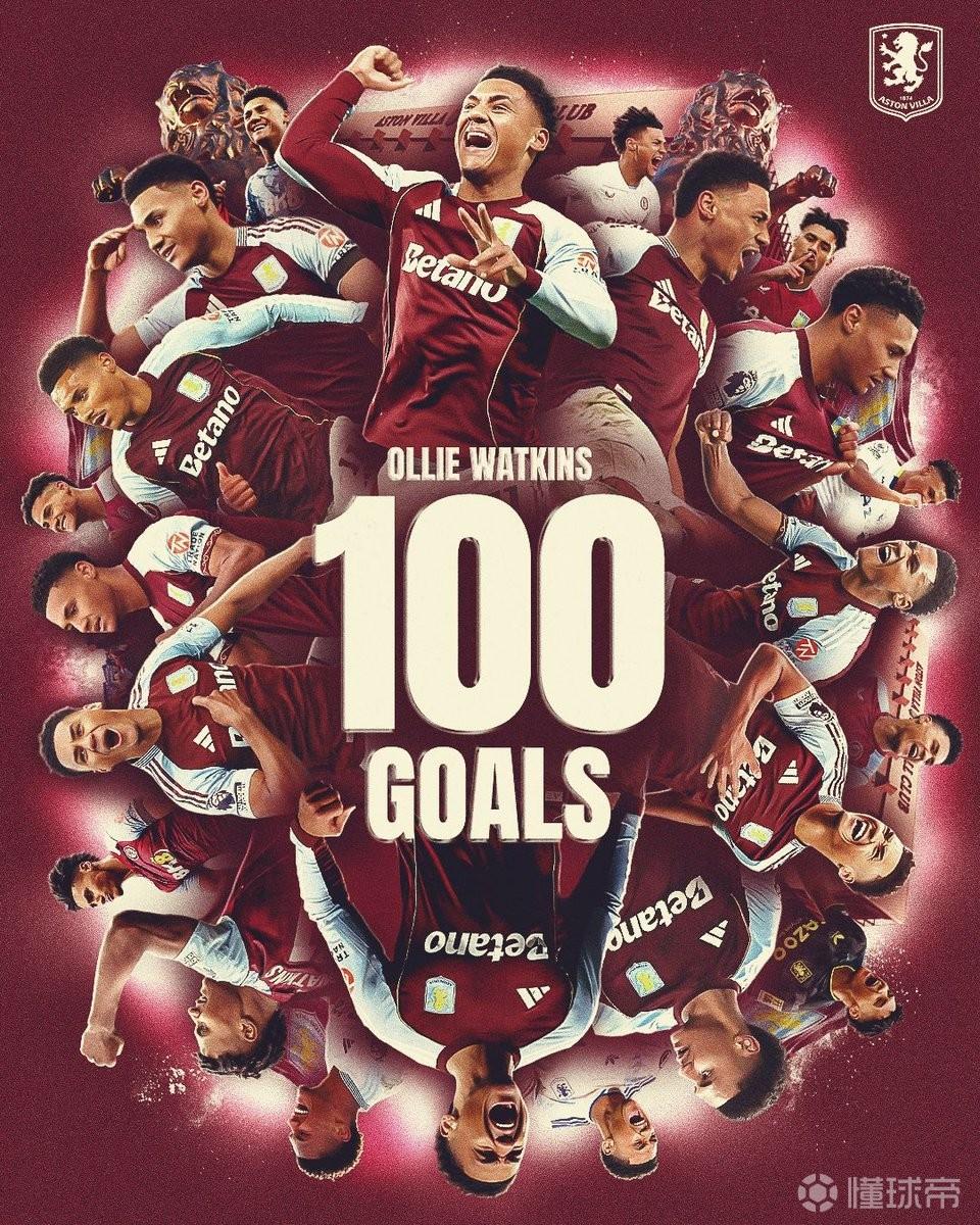 里程碑，沃特金斯打入维拉生涯第100球